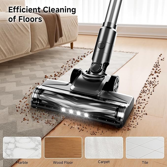 Cordless Vacuum Cleaner, 35Kpa Vacuum Cleaner for Home, 45Mins Stick Vacuum with LED Display, Anti-Tangle & Wall Mount Charging, 6 in 1 Lightweight Vacuum for Hard Floors, Carpet, Pet Hair (Black)