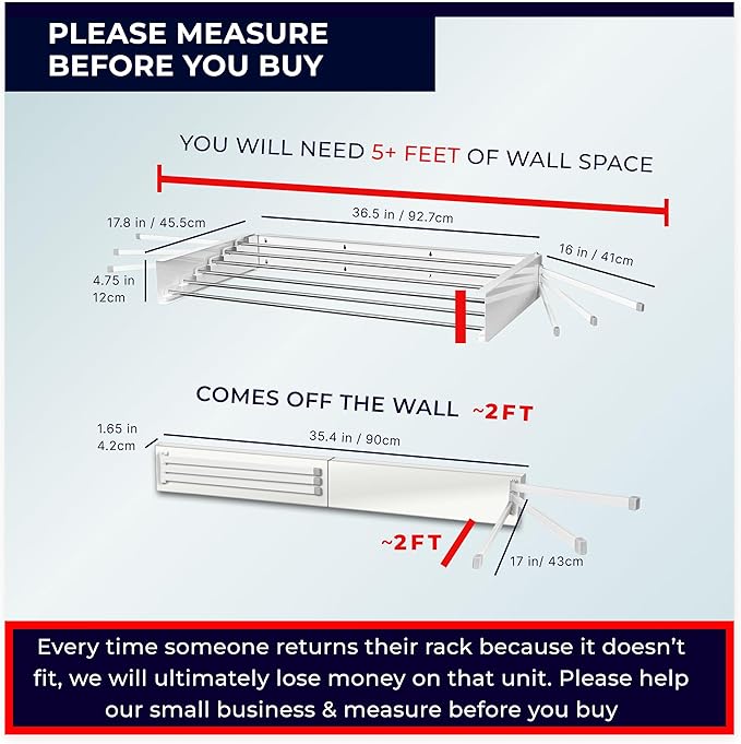 MODERN-X Wall Mounted Clothes Drying Rack with 6 Swivel arms, 35”Wide, 26 Linear ft of Laundry Drying Rack Space, 6 Collapsible Aluminum rods, 2X Drying Capacity, Space Organizer Holds up to 60lbs
