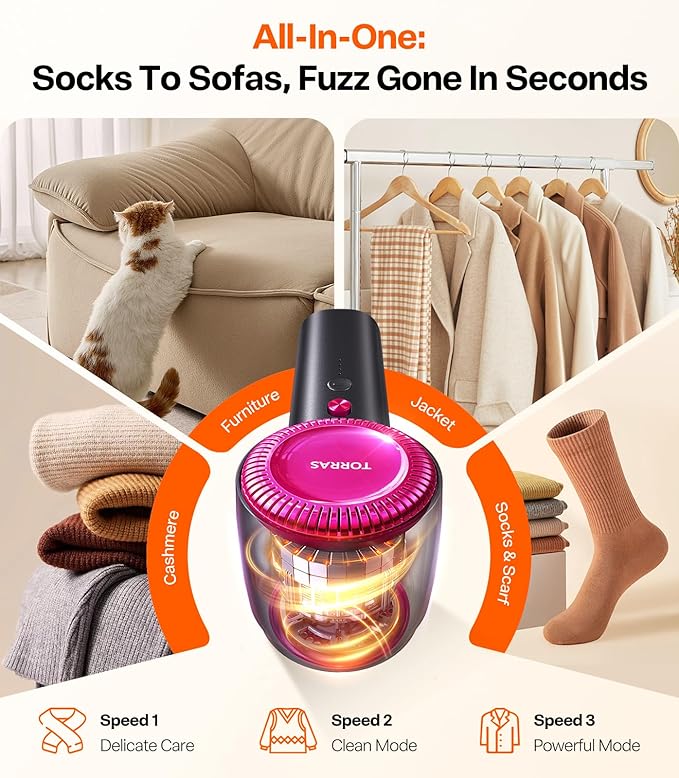 TORRAS Rechargeable Fabric Shaver Electric Lint Remover 3-Speed Remove Fuzz, Pilling for Cashmere, Wool, Clothes, Sweater, Coat, Furniture, Clothes depiller with Replacement Blades