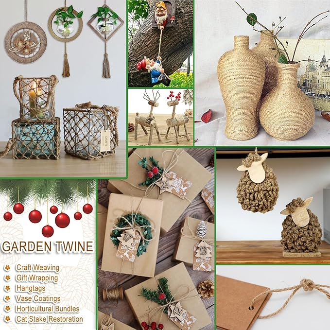 656 Feet 3Ply Jute Twine String, 2mm Natural Brown Thick Twine Rope for Crafts, Gardening, Tomato, Climbing Plant, Tie Floristry, Gift Wrapping Packing, Christmas, Wedding Decor