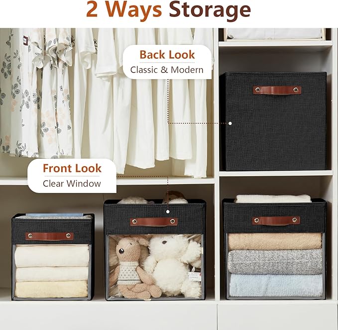 Storage Cube Organizer with Clear Window, Linen Collapsible Storage Boxes with PU Handles, Cube Storage Bins for Shelf, Closet, Cabinet, Bookcase (13x13x13, Black)