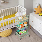 DTK 3 Tier Rolling Utility Cart with Cover Top Board, Movable Kitchen Storage Cart Trolley with Lockable Wheels, Cups, Hooks for Kitchen Bathroom Home Office Art Craft Storage(Turquoise/Green)