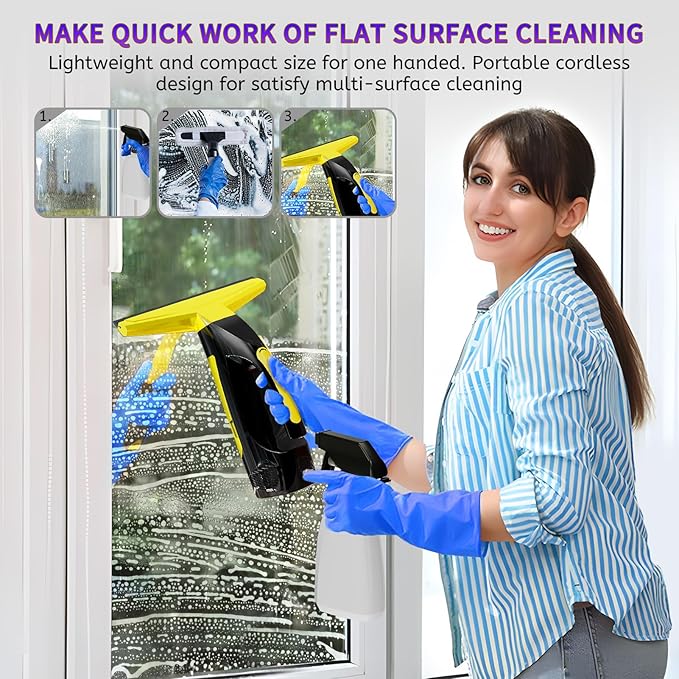 Cordless Window Vacuum Squeegee, Window Vac with Detachable Water Tank and Strong Suction, Electric Window Cleaning Tool for Shower Wall, Mirror, Glass, Car Windshield, Countertop, Tile