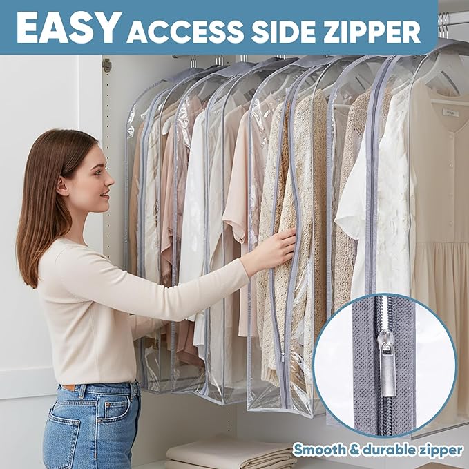 BALEINE 40'' Clear Garment Bags, 10.5'' Wide PEVA Suit Bag for Closet Clothes Dresses Suit Coats Storage (Clear, 3PK)