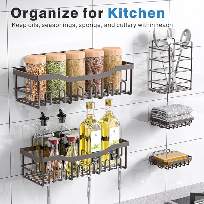 5-Pack Rustproof Stainless Steel Shower Caddy – No Drill Adhesive Bathroom Organizer with Large Capacity, Spacious Shower Shelves for Inside Shower, Kitchen & Home Decor Storage-XL Size