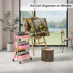 3 Tier Rolling Storage Cart Metal with Lockable Wheels & Reinforced Handle, Three Tiered Art Cart Organizer on Wheels, Pink Utility Carts for Kitchen, Bathroom, Garage, Baby Diaper, Craft, Teacher