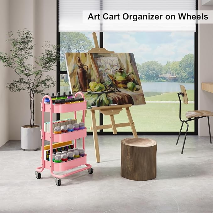 3 Tier Rolling Storage Cart Metal with Lockable Wheels & Reinforced Handle, Three Tiered Art Cart Organizer on Wheels, Pink Utility Carts for Kitchen, Bathroom, Garage, Baby Diaper, Craft, Teacher