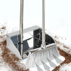 Metal Dustpan with Soft Bristles Broom Heavy Duty Stainless Steel Upright Standing Dust Pan and Broom for Sweeping Indoor Outdoor Home Kitchen Office Lobby Hardwood Floor Cleaning