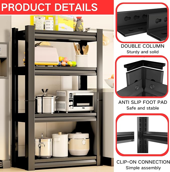 Kitchen Shelves, Adjustable Height Kitchen Shelving Unit, 1600Ibs Heavy Duty Storage Shelves, Kitchen Shelf Organizer, Ideal for Pantry, and Garage Storage Solutions, 23.6"Wx13.8"Dx54"H, Black
