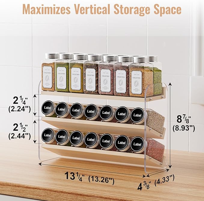 MUDEELA Clear Spice Rack Organizer for Cabinet, 3 Tiered Vertical Spice Shelf, Wooden Seasoning Organizer for Countertop, Kitchen, Pantry, Freestanding, 13.3" W × 11.2" H (No Jars Included)