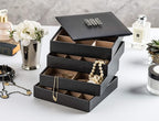 Earring Organizer Tray - 4 Stackable Trays with Lid -45 Slot Classic Jewelry Storage Display Case for Drawer or Dresser - Holder for Earring Ring or Necklace - Large Mirror - Black