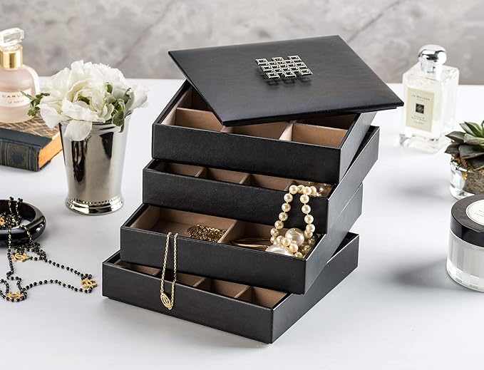 Earring Organizer Tray - 4 Stackable Trays with Lid -45 Slot Classic Jewelry Storage Display Case for Drawer or Dresser - Holder for Earring Ring or Necklace - Large Mirror - Black