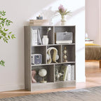 LEYAOYAO 7 Cube Bookshelf with Base,3 Tier Mid-Century Modern Grey Bookcase,Standing Wide Bookshelves Storage Organizer Shelf,Rustic Wood Display Cabinet Book Shelves for Bedroom,Living Room,Office
