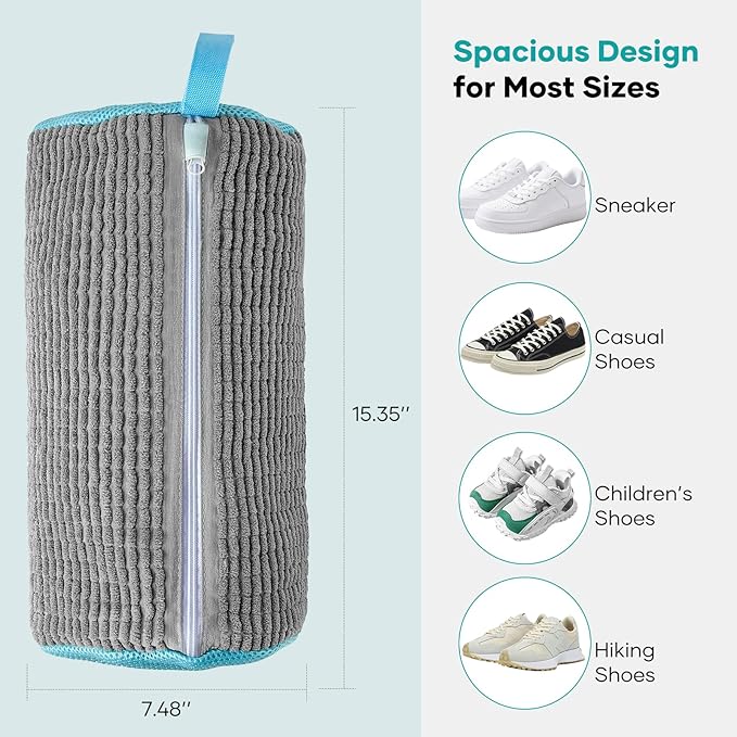 Shoe Washing Machine Bag for Washer & Dryer, Large Shoe Bag for Washing Machine Plush Fibers laundry Bag for Sneakers, Tennis Shoes and Gym shoes, Grey (2PCS)