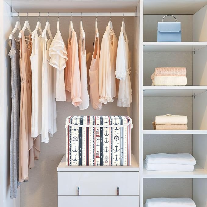 Large Storage Bins with Linen Collapsible Foldable Storage Cubes Fabric Closet Organizer Containers box with Flip-Top Lid for Home Bedroom Office 16.7 x 12.6 x 11.8in (Nautical Theme Anchors Ship)