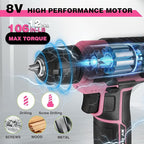 WORKPRO Pink Cordless Drill Set, 8V Impact Drill Driver with 53pcs Bit Set, 2.0Ah Electric Power Drill Kit with 3/8" Keyless Chuck and Variable Speed Trigger, Portable for DIY- Pink Ribbon