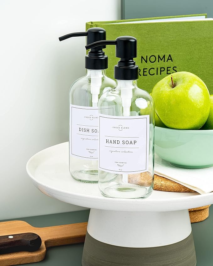 Vine Creations Clear Glass Soap Dispenser, 2 Pack Kitchen Soap Dispenser Set with Stainless Steel Pump, 16 oz Dish Soap and Hand Soap Dispensers for Bathroom with Waterproof Labels