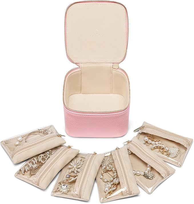 Vlando Jewelry Travel Case,Travel Jewelry Organizer with Clear Velvet Jewelry Bags 6Pcs Zipper Pouch for Women Girl Traveler Gift-Strawberry Pink