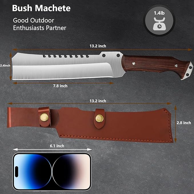 Machete w Sheath for Yard Work, 15'' Full Tang Camping Machete for Cutting Trees Heavy Duty, Survival Machetes, 0.22’’ Thick 5CR15MOV Stainless Steel Blade Spine & Wood Handle, Clearing Brush and Gardening