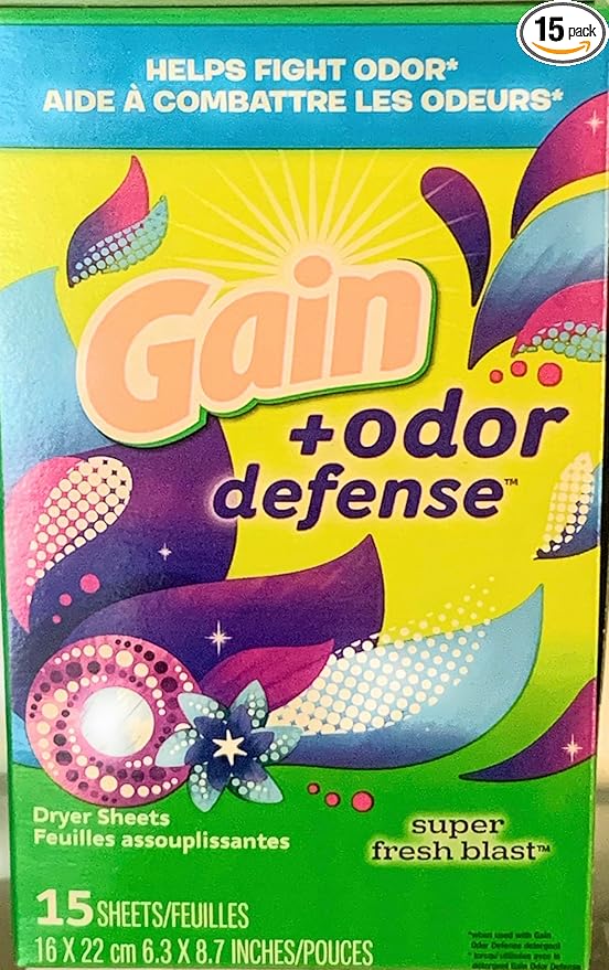 Gain + Odor Defense Super Fresh Blast Dryer Sheets, 15 Count (Pack of 1)