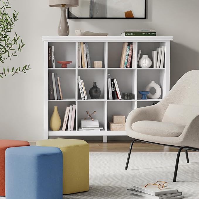 SIMPLIHOME Acadian Bookcase - 57 inch Tall 12-Cube Solid Wood Storage Display Unit in White, Transitional Cube Organizer for Living Room, Study Room or Office with Fixed Shelves and Tapered Legs