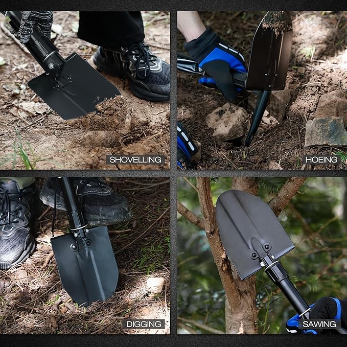 REDCAMP 18" Mini Survival Folding Camping Shovel with Cover, Manganese Steel Tri-Fold Handle Portable Tactical Shovel for Hiking, Beach, Mud, Snow, Lightweight 1.5Lbs Black