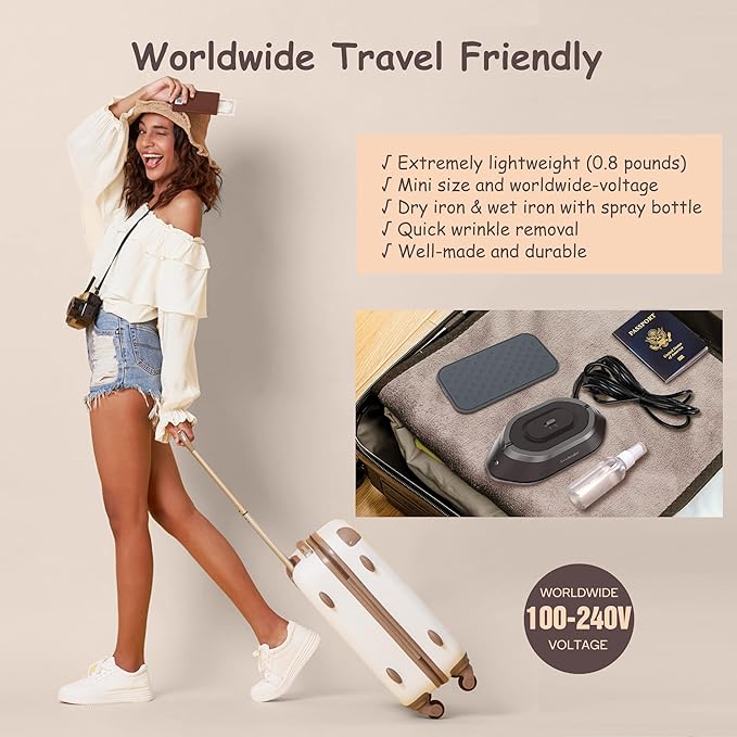 Newbealer Travel Iron with Global Voltage, 100-240V Mini Dry Iron for Clothes (No Steam), Max 300W, 60s Heat Up, 302℉ Non-Stick Ceramic Soleplate, 0.8lbs Ultra-Lightweight (Brown)