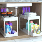 Cabinet, 2 Pack Under Sink Organizer, 2 Tier Sliding Bathroom Kitchen Organizer, Large White ABS Baskets, Easy Install & Clean