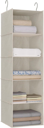 Hanging Closet Organizer, Easy Mount Foldable 5-Shelf Hanging Closet Wardrobe Storage Shelves, Clothes Handbag Shoes Accessories Storage, Imitation Linen Fabric, Beige Houndstooth