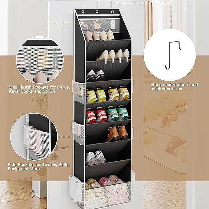 Over The Door Shoe Organizer - Shoe Rack with 8 Tiers, Sturdy Oxford Fabric Storage for Closet, Entryway, Dorm Room, Bedroom, Space Saving Holder for All Types Over The Door Organizer(Black)