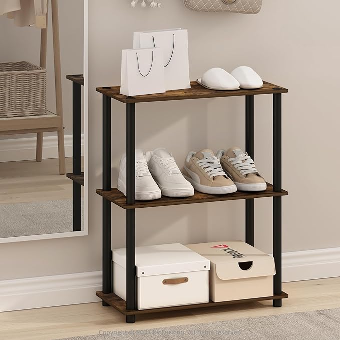 Furinno Turn-N-Tube Storage Shelves, 3-Tier Book Shelf, Corner Shelf, Toolless Open Shelves, for Organization and Storage, Living Room, Garage, Home Office, Amber Pine