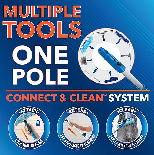 Unger Professional Connect and Clean Total Pro Cleaning Kit, All-in-One Household Window Washing with Streak-Free Results, Includes 12” Squeegee, 14” Scrubber Washer, Telescopic Pole Extends Up to 6’