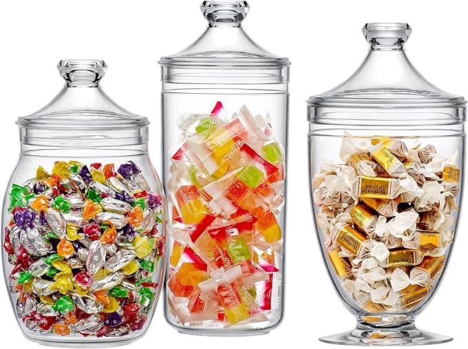Amazing Abby - Adore - Plastic Apothecary Jars (3-Piece Set, 52/46/46 oz) (NOT Glass), Acrylic Jars with Lids, Bathroom Canisters, Candy Buffet, Wedding Display, BPA-Free and Shatter-Proof