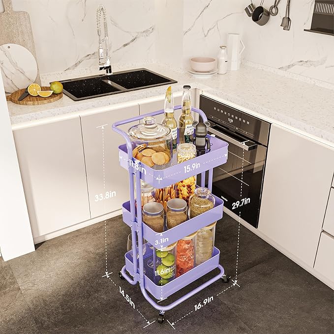 Metal Rolling Storage Cart, 3-Tier Utility Cart with Wheels, Multifunctional Organizer Storage for Kitchen, Bedroom, Office, Laundry Room, Dorm Room Essentials (Purple)
