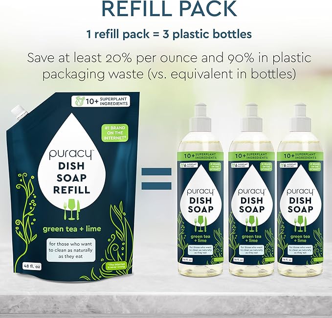 Puracy Natural Dish Soap Packs- Skin-Softening Plant-Based Dishwashing Soap, Non-Toxic Dish Soap, Organic Liquid Dishwashing Detergent Soap (Green Tea & Lime, 16 fl oz, 3 Pack)