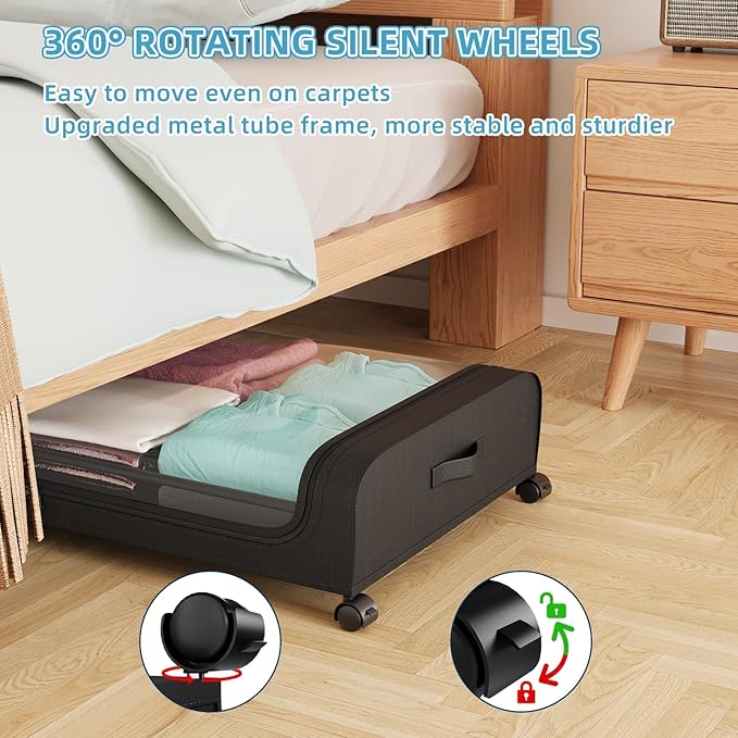 Under Bed Storage Containers, Under Bed Shoe Storage With Wheels, Bedroom Storage Organization with Handles, Under Bed Storage Bins Drawer For Clothes, Blankets And Shoes, Bedding