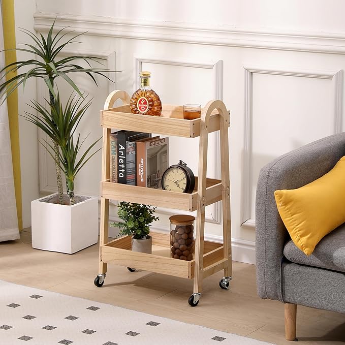 3-Tier Rolling Craft Cart, light-colored wood, Sturdy, Waterproof, with Wheels, for Kitchen, Bathroom, Laundry