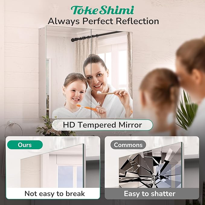 TokeShimi 30 x 26 Silver Aluminum Medicine Cabinet Mirror for Bathroom Surface Mount or Recessed with Stepless Adjustable Shelves Modern Farmhouse