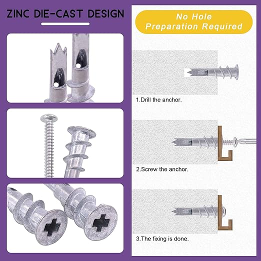 Swpeet 106Pcs Toggle Bolt and Wing Nut with Hollow-Door Drywall Toggle Anchors Assortment Kit, Zinc Hollow-Wall Anchor Self-Drilling Drywall Anchors with Phillips Screws - 1/8 Inch, 3/16Inch, 1/4Inch