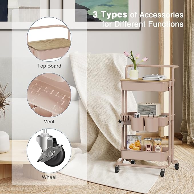 DTK 3 Tier Rolling Utility Cart with Cover Top Board, Movable Kitchen Storage Cart Trolley with Lockable Wheels, Cups, Hooks for Kitchen Bathroom Home Office Art Craft Storage and Organization(Pink)