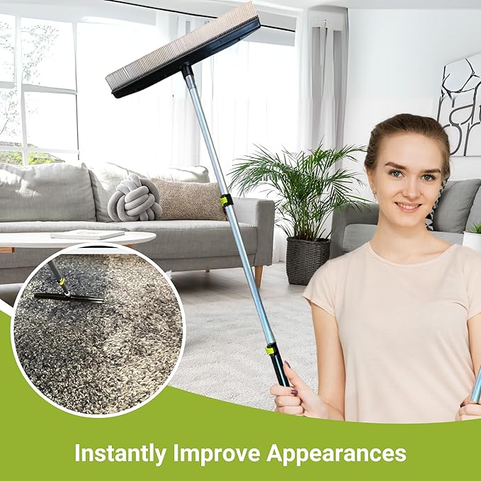 Room Groom Carpet Rake and Groomer with Telescoping 54 Inch Adjustable Handle, Portable Design, Carpet Brush Ideal for Pet Hair, Refreshing High Pile Carpets, Rugs, and Artificial Turf