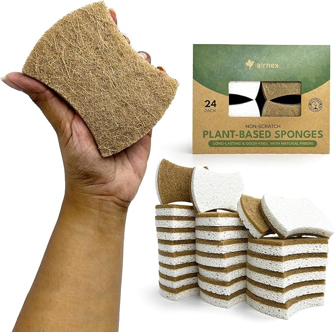 Biodegradable Natural Kitchen Sponges Pack of 24 - Cellulose and Coconut Kitchen Dishwashing Scrubbers - Eco Friendly Non-Scratch Heavy Duty Kitchen Sponges and Scrubbers for Dishes