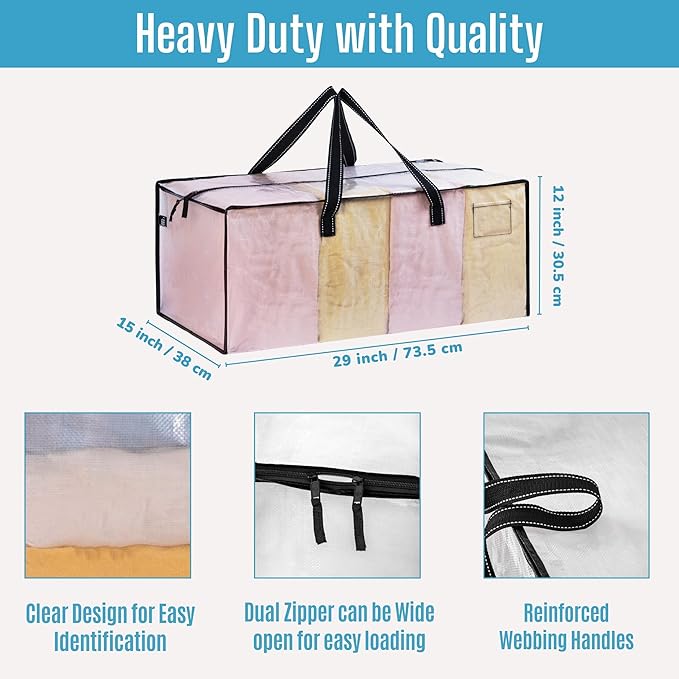 VENO 4 Pack Moving Bags Extra Large Storage Bags for College Move-In, Heavy-Duty Storage Totes, Packing Boxes, and Wardrobe Moving Supplies - Durable Laundry Bags for Clothes (Clear, 4 Pack)