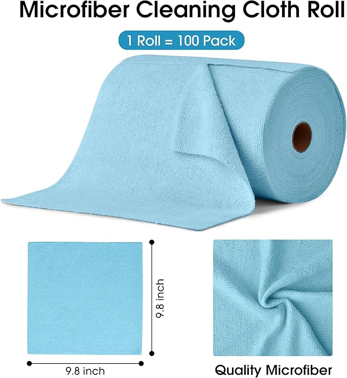 KitchLife Microfiber Cleaning Cloth Roll, 100 Pack - Tear-Away Microfiber Paper Towels, Lint-Free, Reusable, Washable for Kitchen, Car, Dishes, and Sensitive Surfaces (Blue)