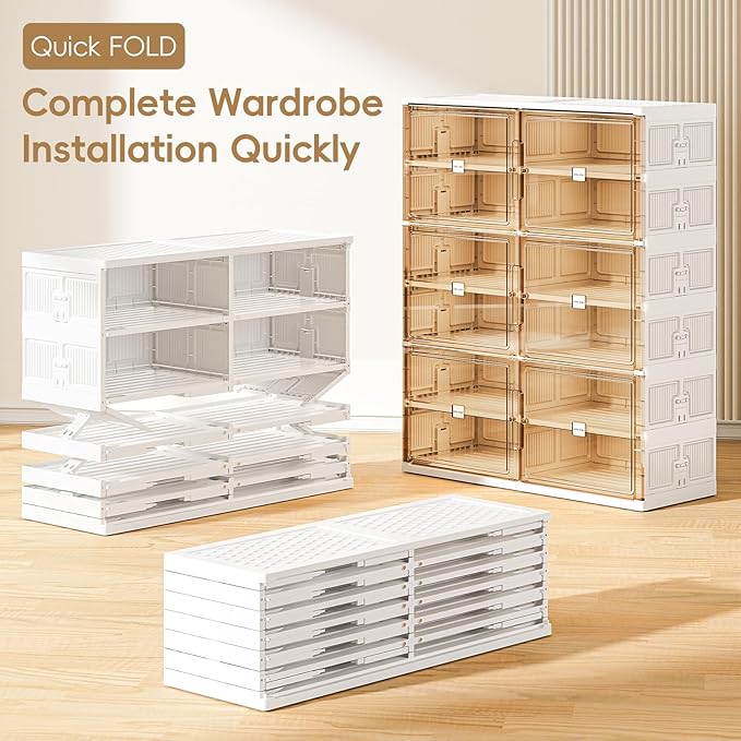 JEKO&JEKO 6-Tier Foldable Shoe Storage Box with Magnetic Doors, Large Stackable Shoe Organizer Cabinet for Entryway, Clear Front Door Shoe Boxes Hold Up to 24 Pairs (White)