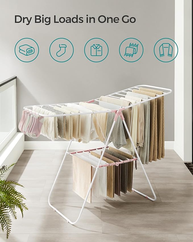 SONGMICS Clothes Drying Rack, with Sock Clips, Metal Laundry Rack, Foldable, Space-Saving, Free-Standing Airer, with 2 Height-Adjustable Gullwings, Indoor Outdoor Use, White and Pink ULLR052P01