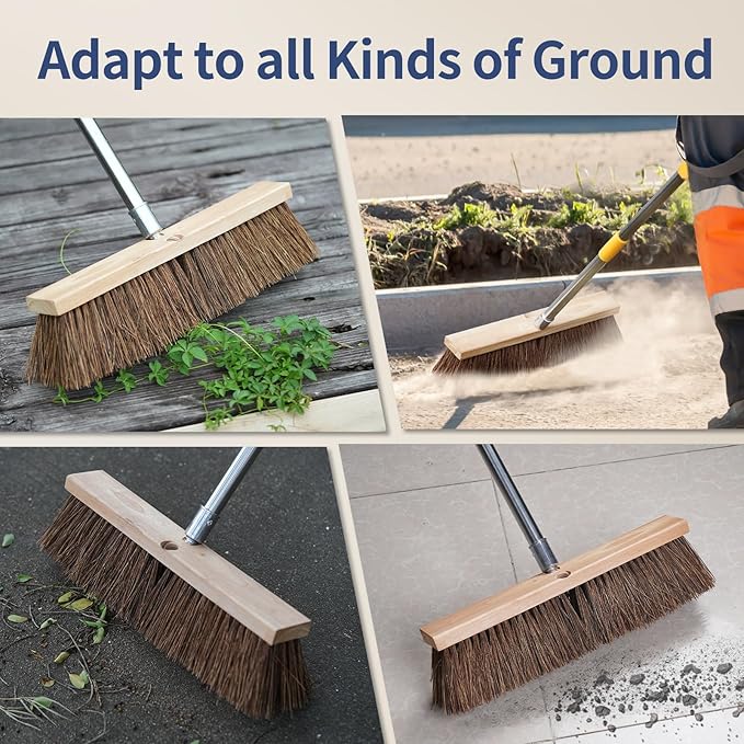 18" Push Broom Outdoor Heavy Duty - 65" Long Handle Large Wide Shop Broom, Commercial Stiff Palmyra Bristle Outside Broom Brush for Sweeping Concrete Floor, Garage, Patio, Shop, Yard, Lawn