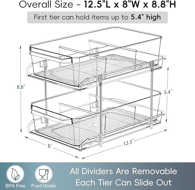 2 Tier Clear Organizer with Dividers for Cabinet, Shlef, Counter - MultiUse Slide-Out Storage Container - Kitchen, Pantry, Medicine Cupboard Bins, Bathroom, Vanity Makeup, Under Sink Organizing