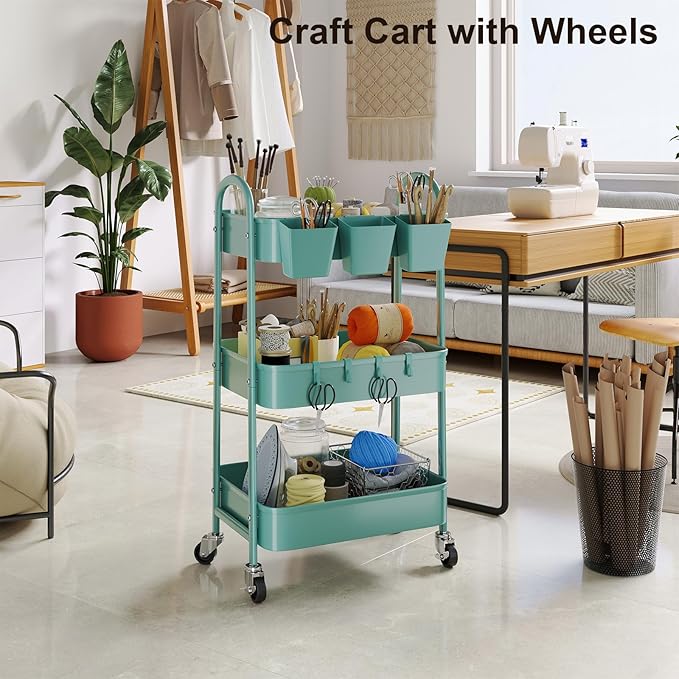 3 Tier Turquoise Metal Mesh Rolling Cart, Storage Cart with Handle and Lockable Wheels, Multifunctional Three Tiered Utility Organizer Cart on Wheels for Kitchen, Office, Bathroom, Crafts, Arts, Snack