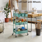 3 Tier Turquoise Metal Mesh Rolling Cart, Storage Cart with Handle and Lockable Wheels, Multifunctional Three Tiered Utility Organizer Cart on Wheels for Kitchen, Office, Bathroom, Crafts, Arts, Snack